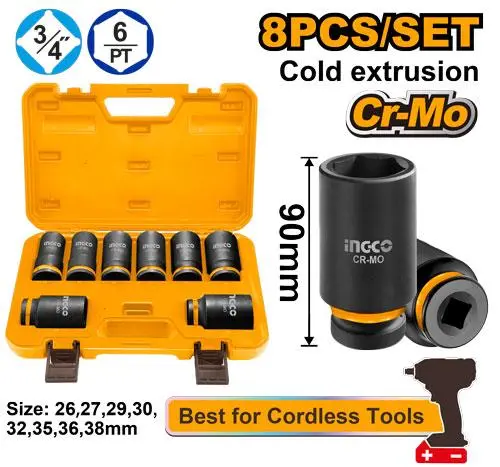 Ingco 8 Pcs 3/4"DR. deep  impact socket set -  P1C2 [HKISSD34082L] 