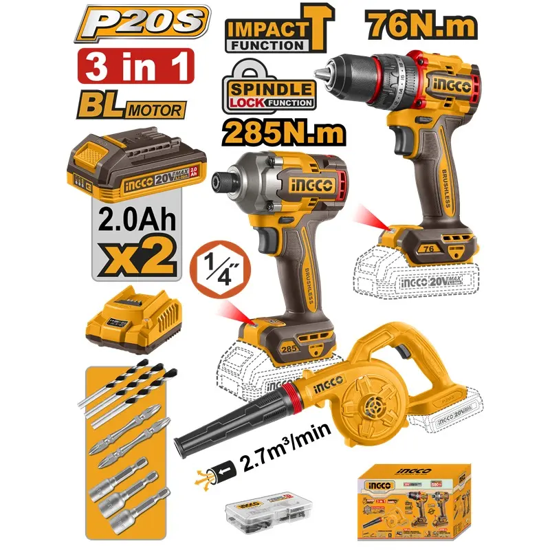 Ingco Cordless 20v Impact Drill 76nm +Impact Driver 285nm+Blower+2 Battery [COSLI250182]