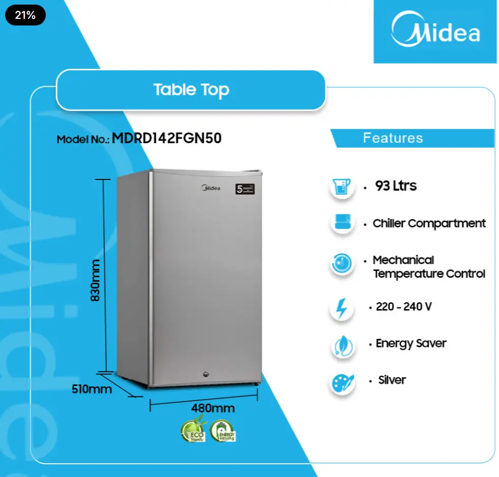 Midea 93Ltrs Table Top Fridge [ MDRD142FGN50]