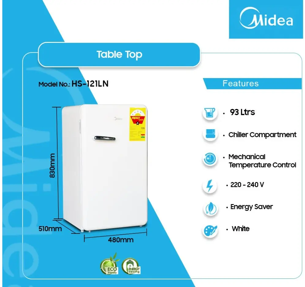 Midea 93Ltrs Table Top Fridge White [HS-121LN-RETRO]