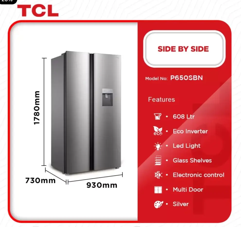 TCL Side By Side Refrigerator 608Ltrs [P650SBN]