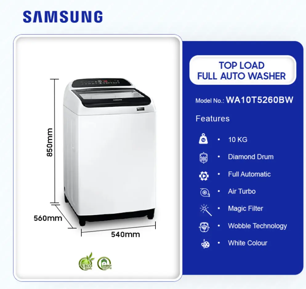 Samsung 10Kg Top Load Full Auto Washer Washing Machine [WA10T5260BW / NQ]