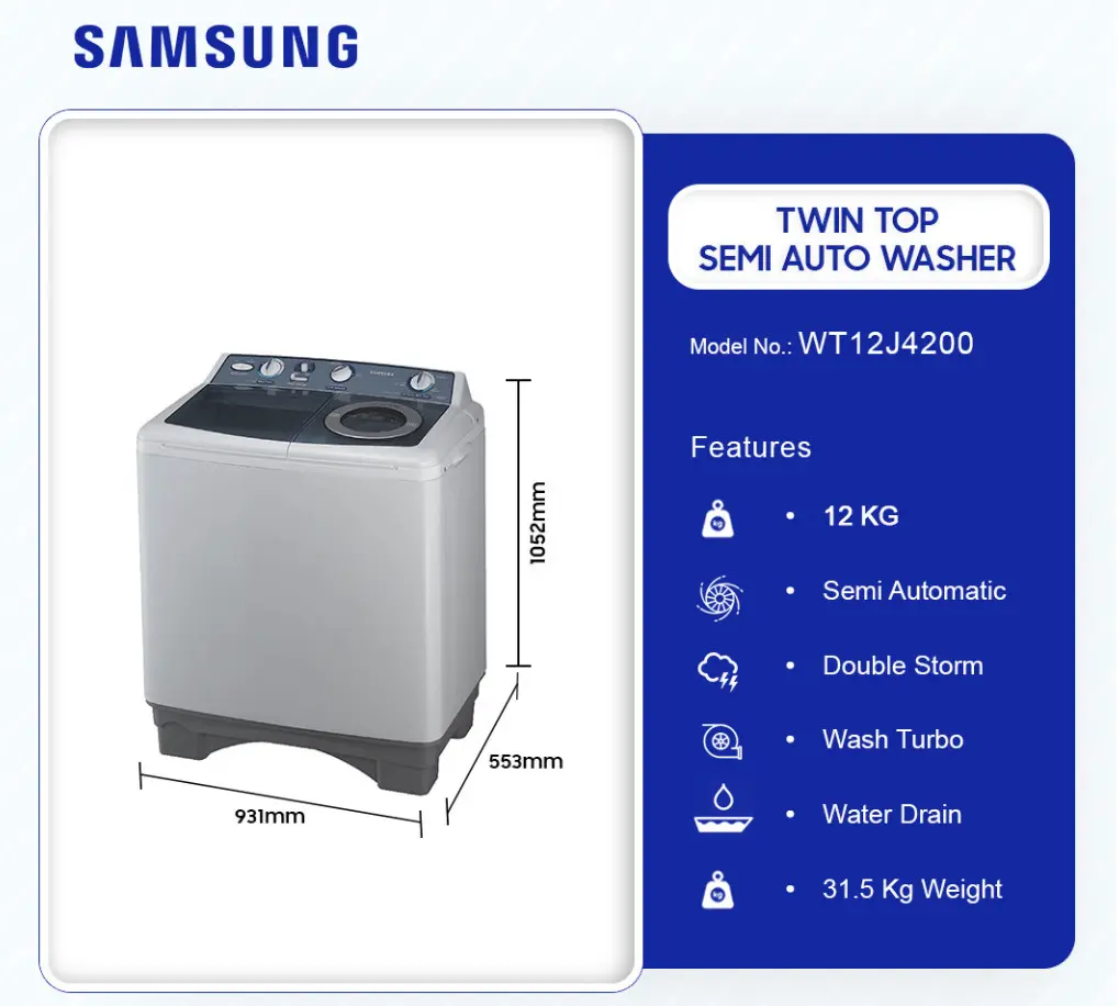 Samsung 12Kg Twin Top Semi Auto Washer Washing Machine [WT12J4200]