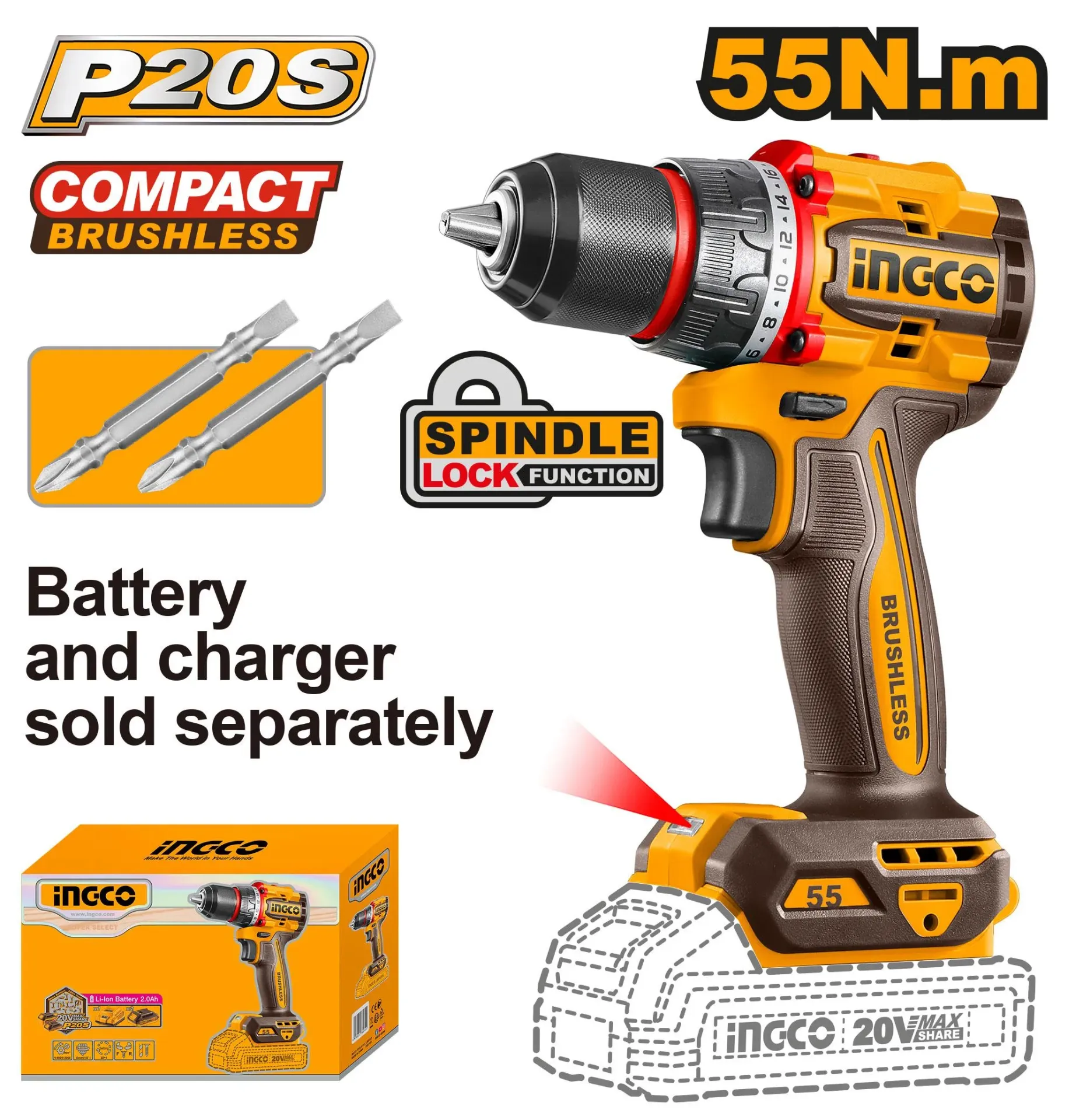 Ingco Cordless Drill 20V 55NM -P1C5 [CDLI205581]