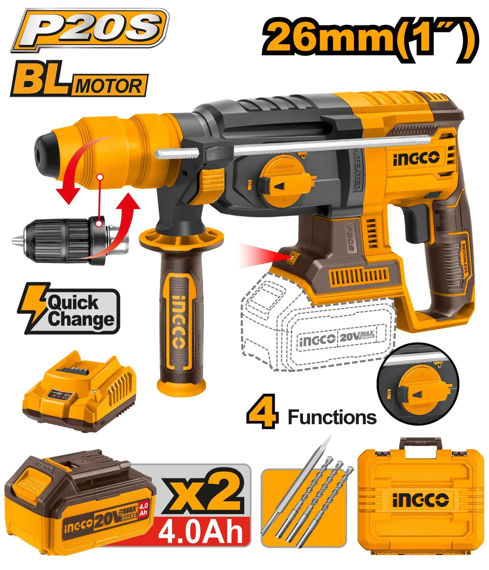 Ingco Lithium-Ion Rotary Hammer Set 20V 26MM + 2 Battery - C4 [CRHLI202289]