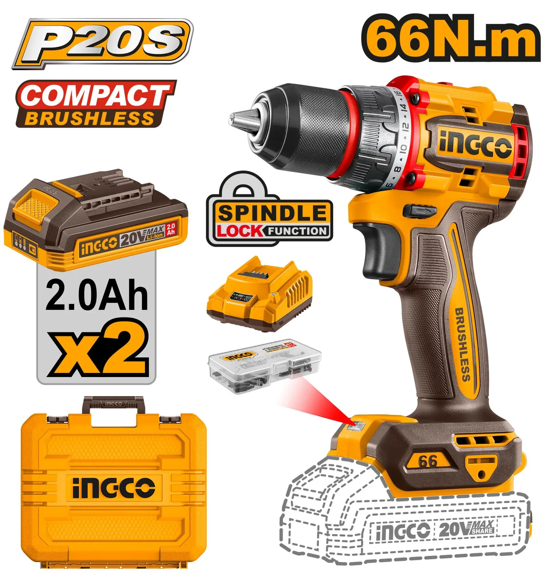 Ingco Cordless Drill 20V 66NM + 2 Battery [CDLI20668]