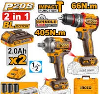 Ingco 20V Cordless Impact Drill 66Nm+Impact Wrench 405Nm + Battery
