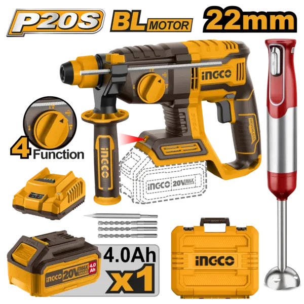 Ingco Cordless Rotary Hammer 20V 22Mm + Battery + Free Hand Blender 11V [COSLI240208]