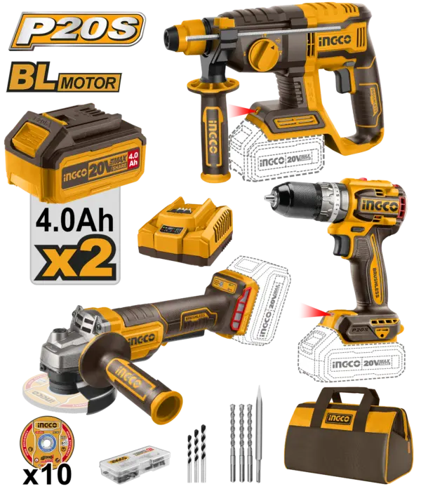 Ingco Cordless Rotary Hammer + Impact Drill + Angle Grinder 20V + 2 Battery [COSLI240202]