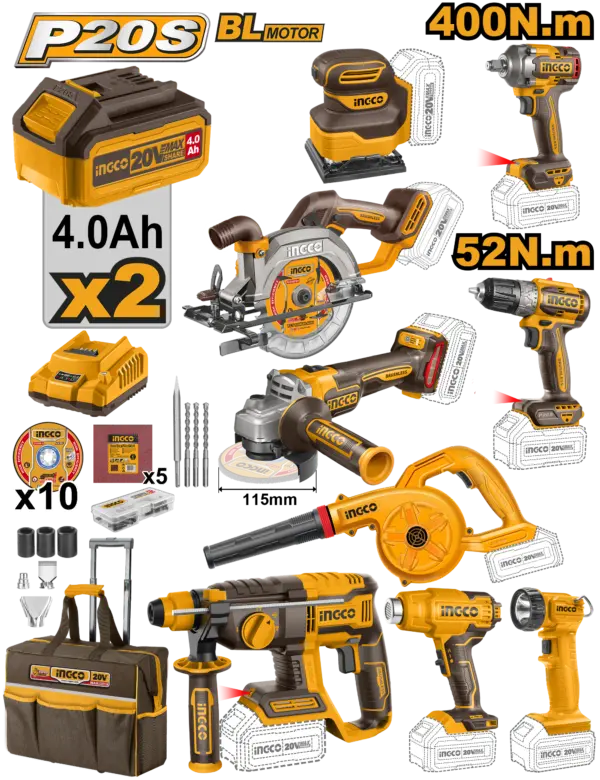 Ingco 9 Pcs Cordless Industrial Combo Kit 20V [CKLI2098]