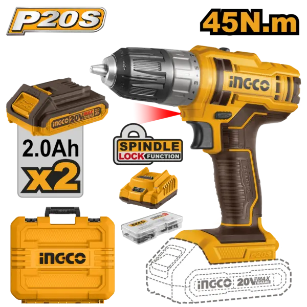 Ingco Lithium-Ion Cordless Drill 20V 45Nm + 2 Battery - C5 [CDLI200528]