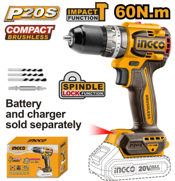 Ingco Compact Brushless Cordless Impact Drill 20V 60Nm - P1C5 [CIDLI206021]
