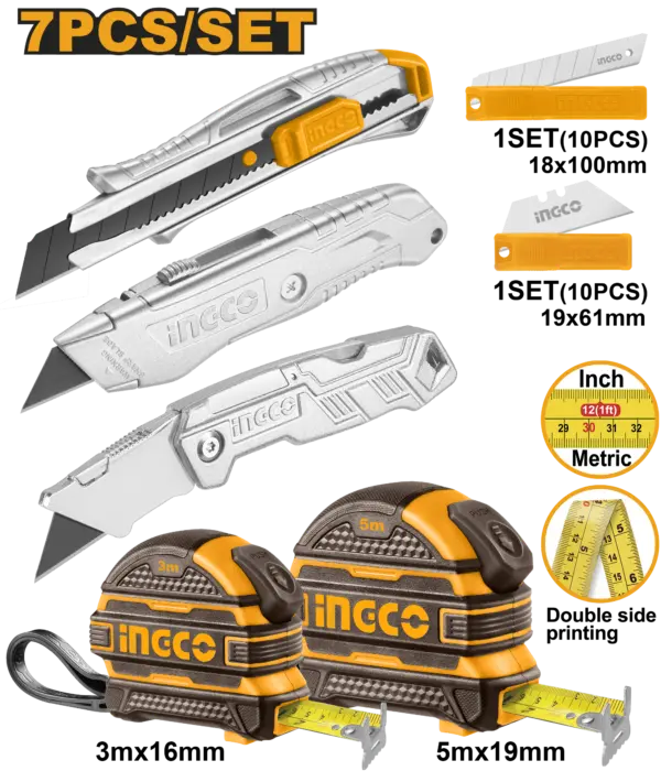 Ingco 2 Measuring Tapes And 3 Utility Knives Set [HMK23036]