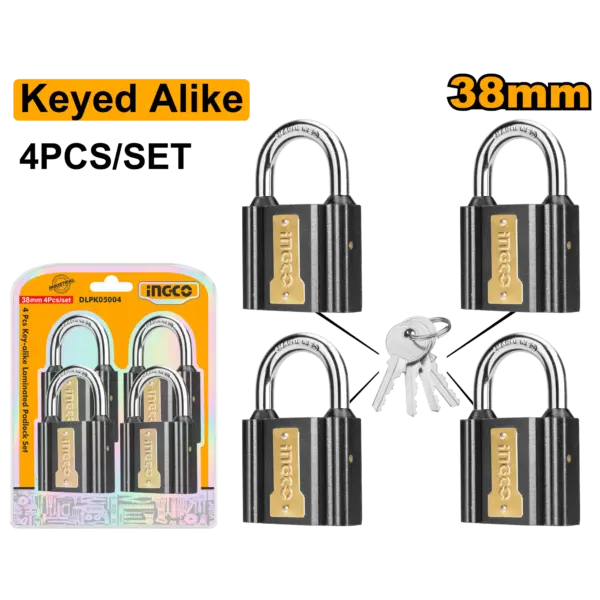 Ingco 4Pcs Key-Alike Iron Padlock Set 38Mm - C24 [DIPLK4382]