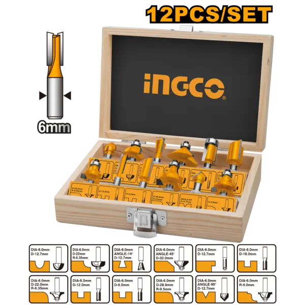 Ingco 12 Pcs Router Bits Set(6Mm) [AKRT1201]