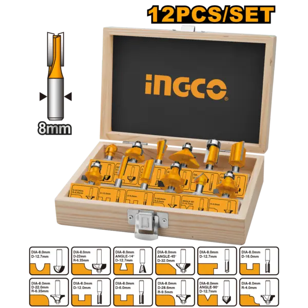 Ingco 12 Pcs Router Bits Set(8Mm) [AKRT1211]