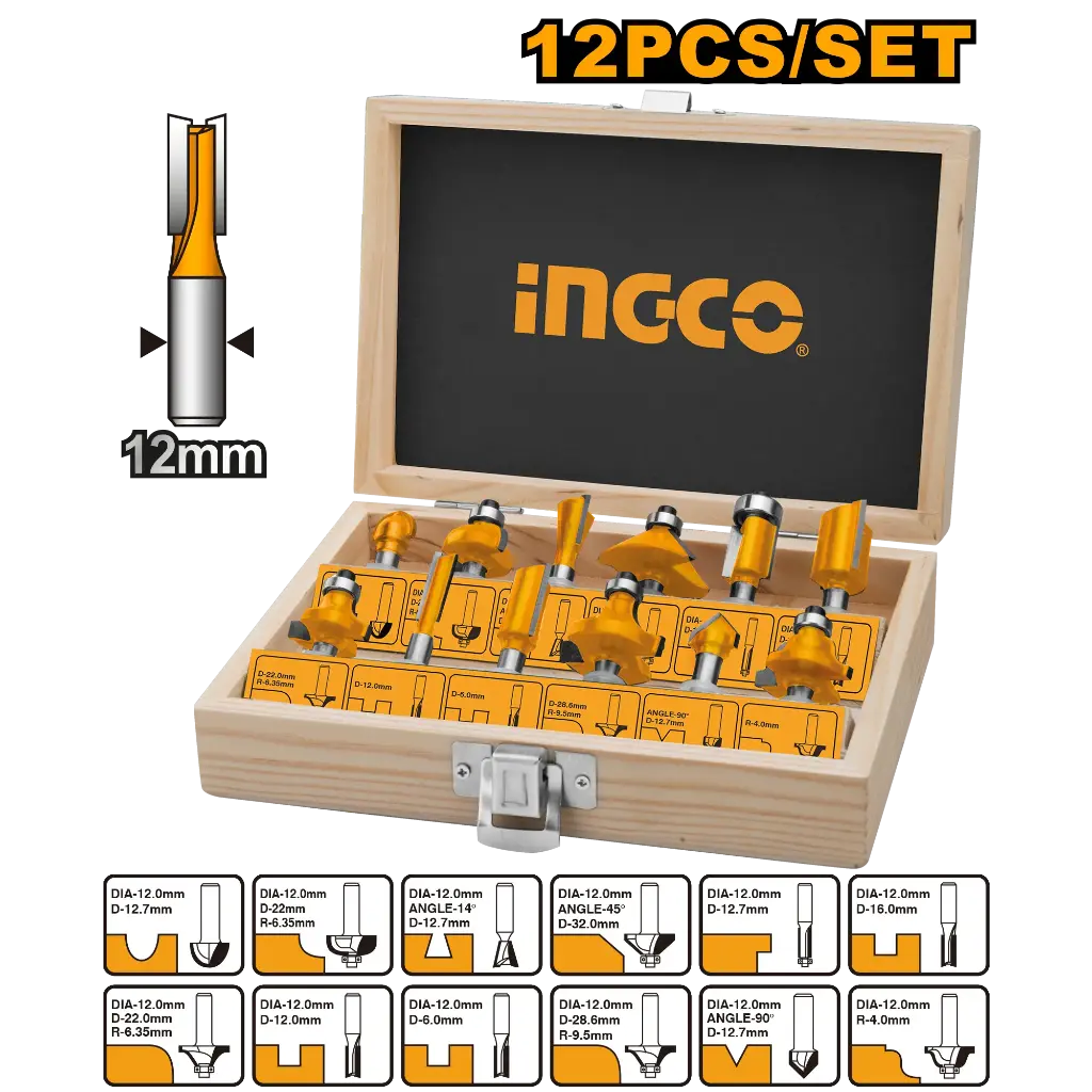 Ingco 12 Pcs Router Bits Set(12Mm) [AKRT1221]