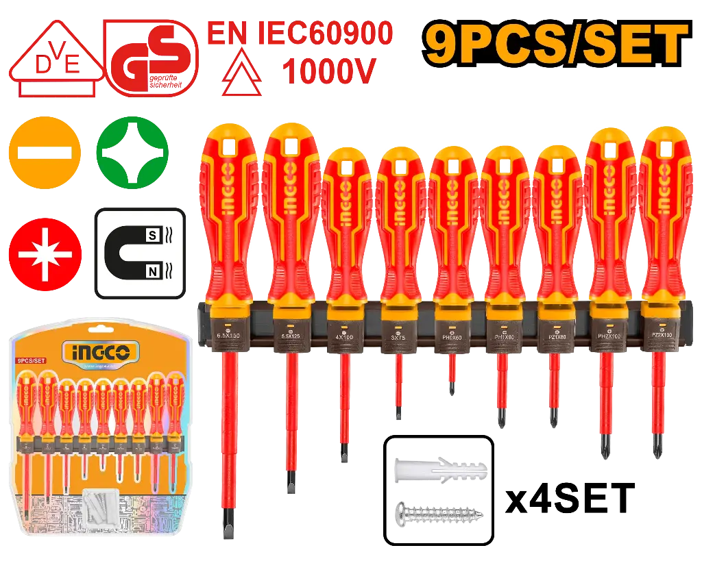 Ingco 9 Pcs Insulated Screwdriver Set [HKISD0908]