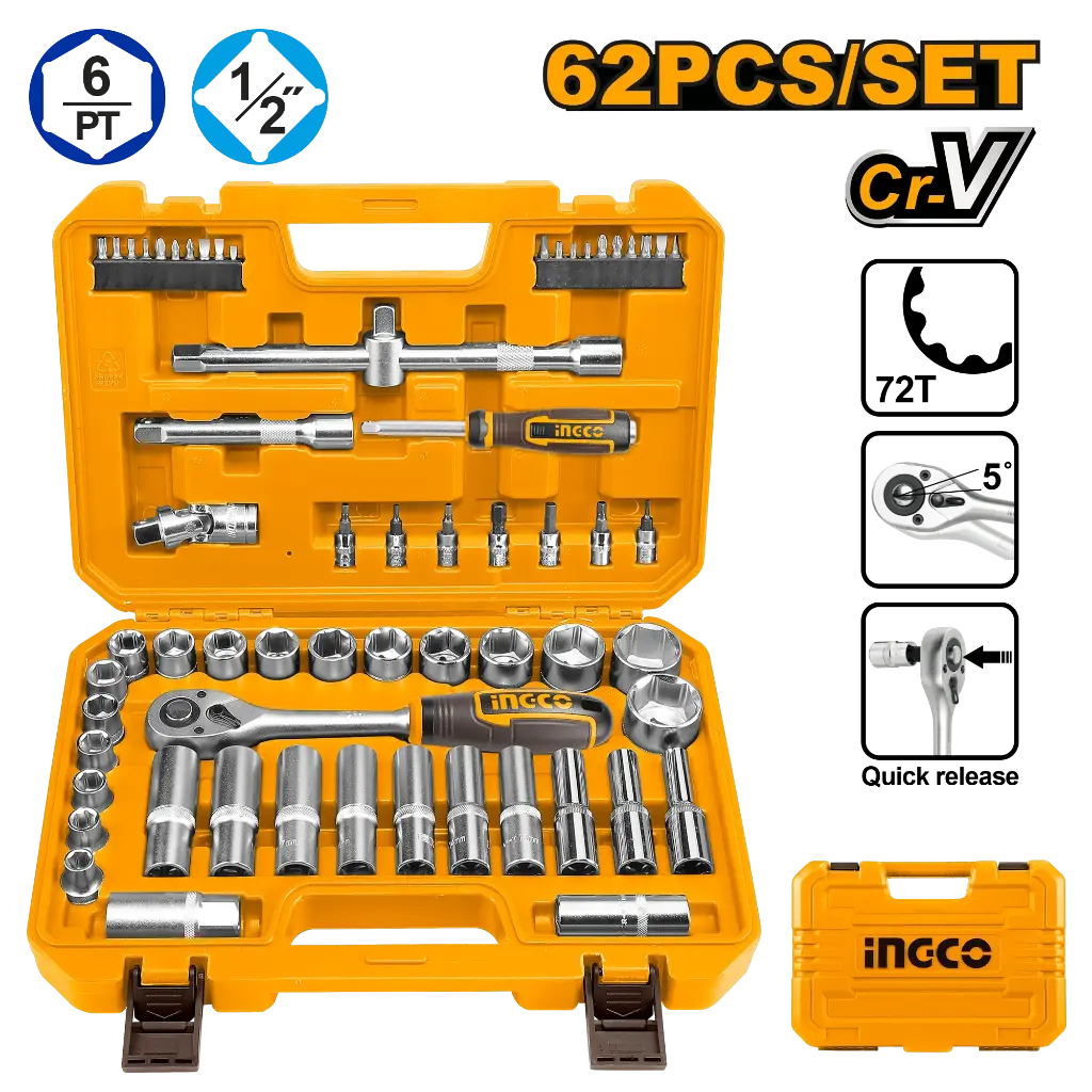 Ingco 62 Pcs 1/2" Socket Set [HKTS12602]