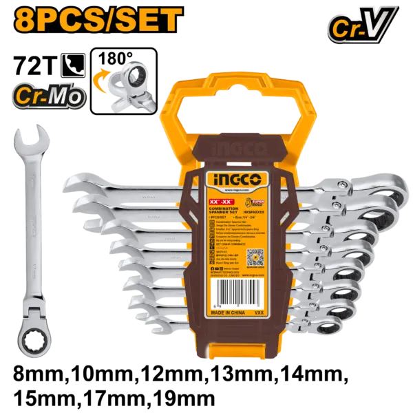 Ingco 8 Pcs Flexible Ratchet Spanner Set [HKSPAR1083]