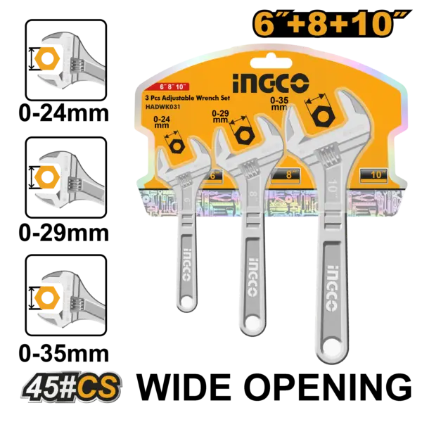 Ingco 3 Pcs Adjustable Wrench Set [HADWK031]