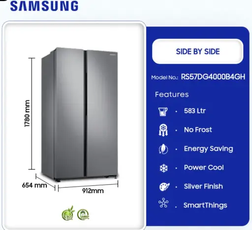 [RS57DG4000B4GH] Samsung 583Ltrs Side By Side Refrigerator [ RS57DG4000B4GH]