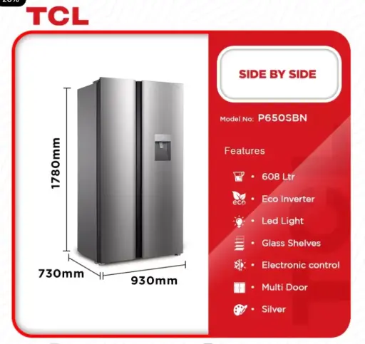 [P650SBN] TCL Side By Side Refrigerator 608Ltrs [P650SBN]
