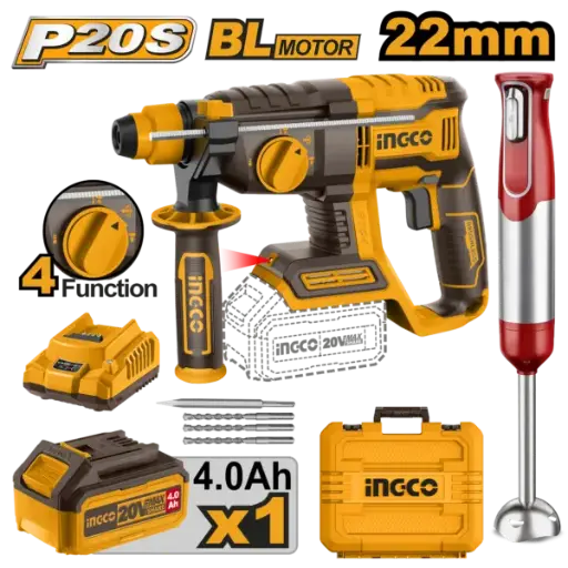[COSLI240208] Ingco Cordless Rotary Hammer 20V 22Mm + Battery + Free Hand Blender 11V [COSLI240208]