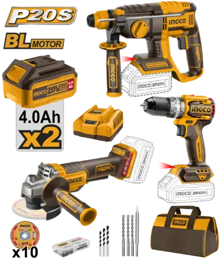 [COSLI240202] Ingco Cordless Rotary Hammer + Impact Drill + Angle Grinder 20V + 2 Battery [COSLI240202]