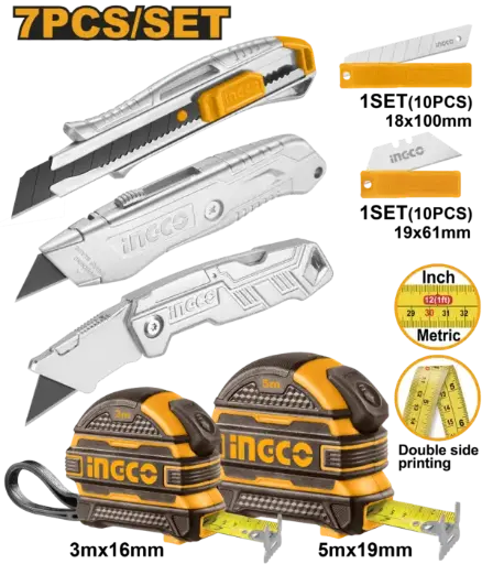 [HMK23036] Ingco 2 Measuring Tapes And 3 Utility Knives Set [HMK23036]