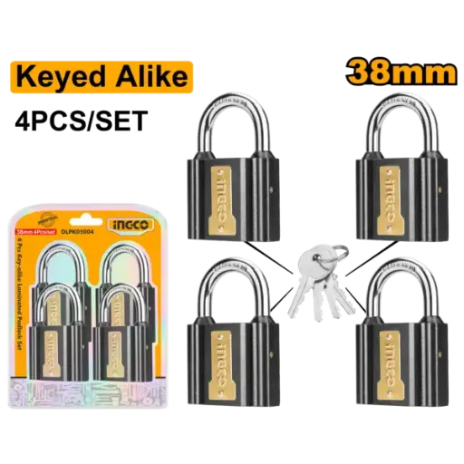 [DIPLK4382] Ingco 4Pcs Key-Alike Iron Padlock Set 38Mm - C24 [DIPLK4382]