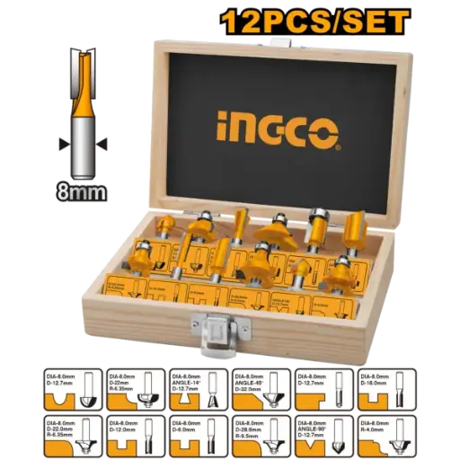 [AKRT1211] Ingco 12 Pcs Router Bits Set(8Mm) [AKRT1211]